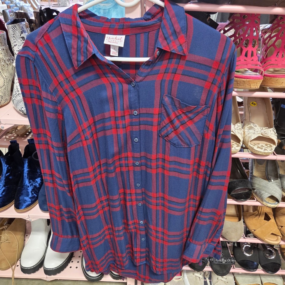 Isabel Maternity Blue Red Plaid Long Sleeve Button Up Shirt Size L